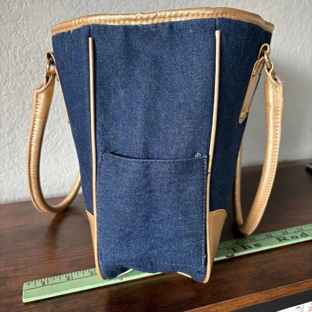 Neiman Marcus Denim & Metallic Gold Faux Leather Tote Bag Large Y2K Shoulder Bag